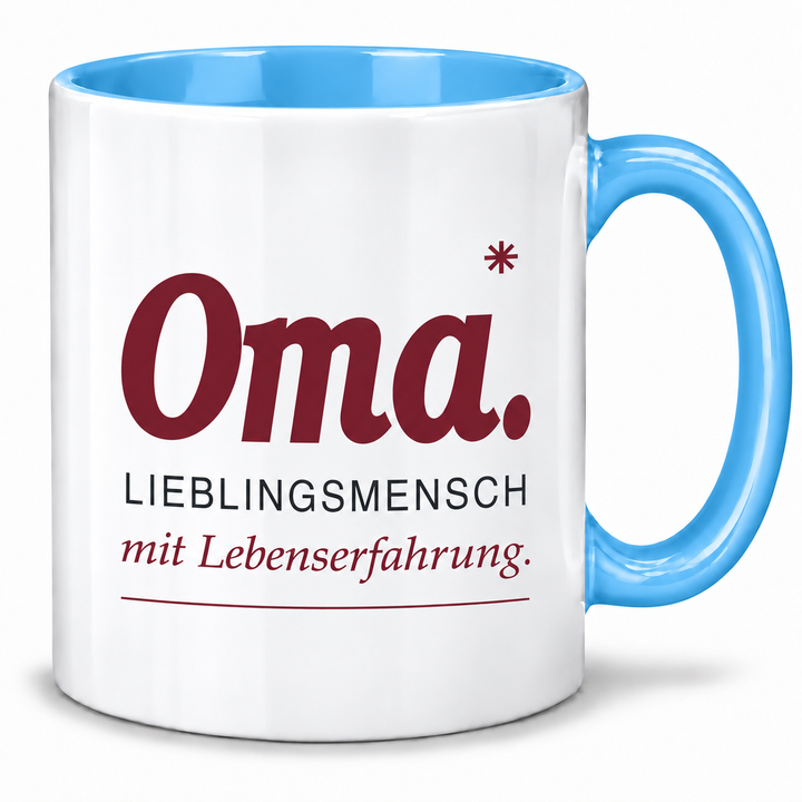 Oma-Tasse Lieblingsmensch mit Lebenserfahrung – blau – PEPAM
