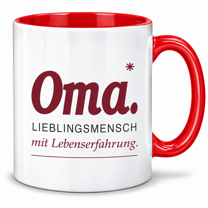 Oma-Tasse Lieblingsmensch mit Lebenserfahrung – rot – PEPAM
