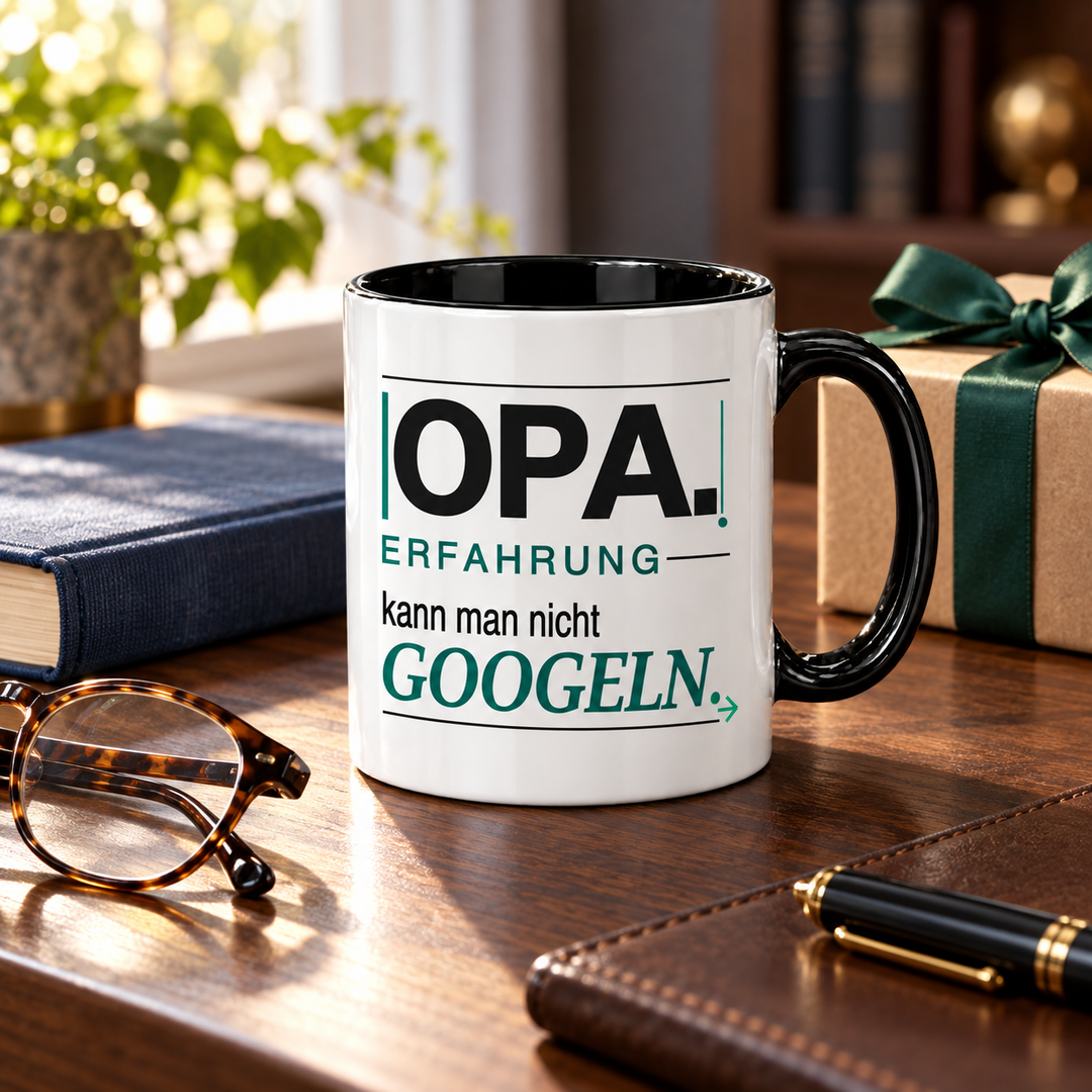 Opa-Tasse als Geschenk auf modernem Schreibtisch