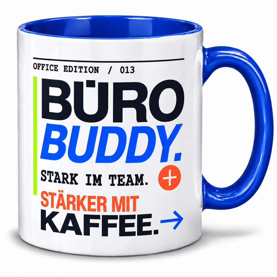 Büro-Buddy-Tasse mit blauem Henkel und Innenseite