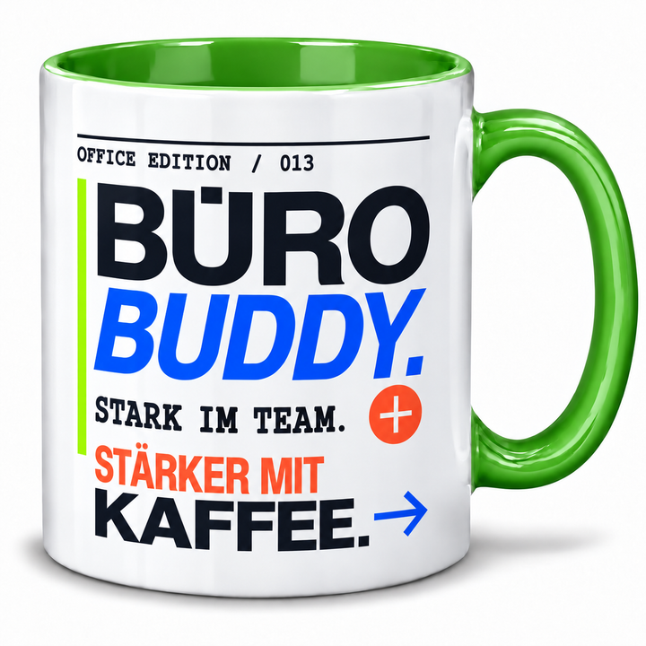 Büro-Buddy-Tasse mit grünem Henkel und Innenseite