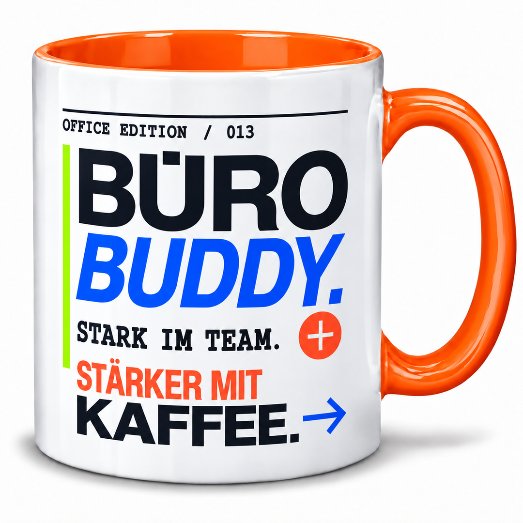 Büro-Buddy-Tasse mit orangem Henkel und Innenseite