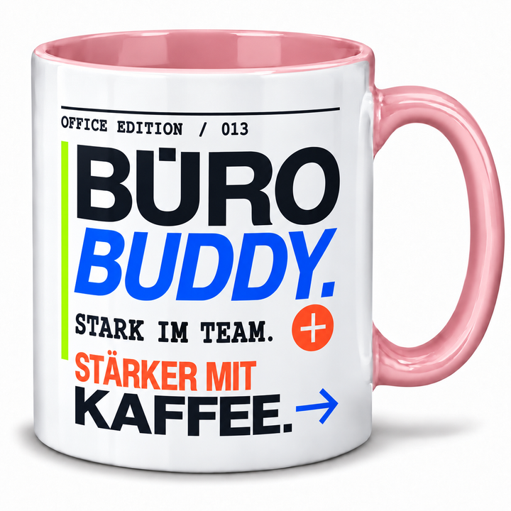 Büro-Buddy-Tasse mit rosa Henkel und Innenseite