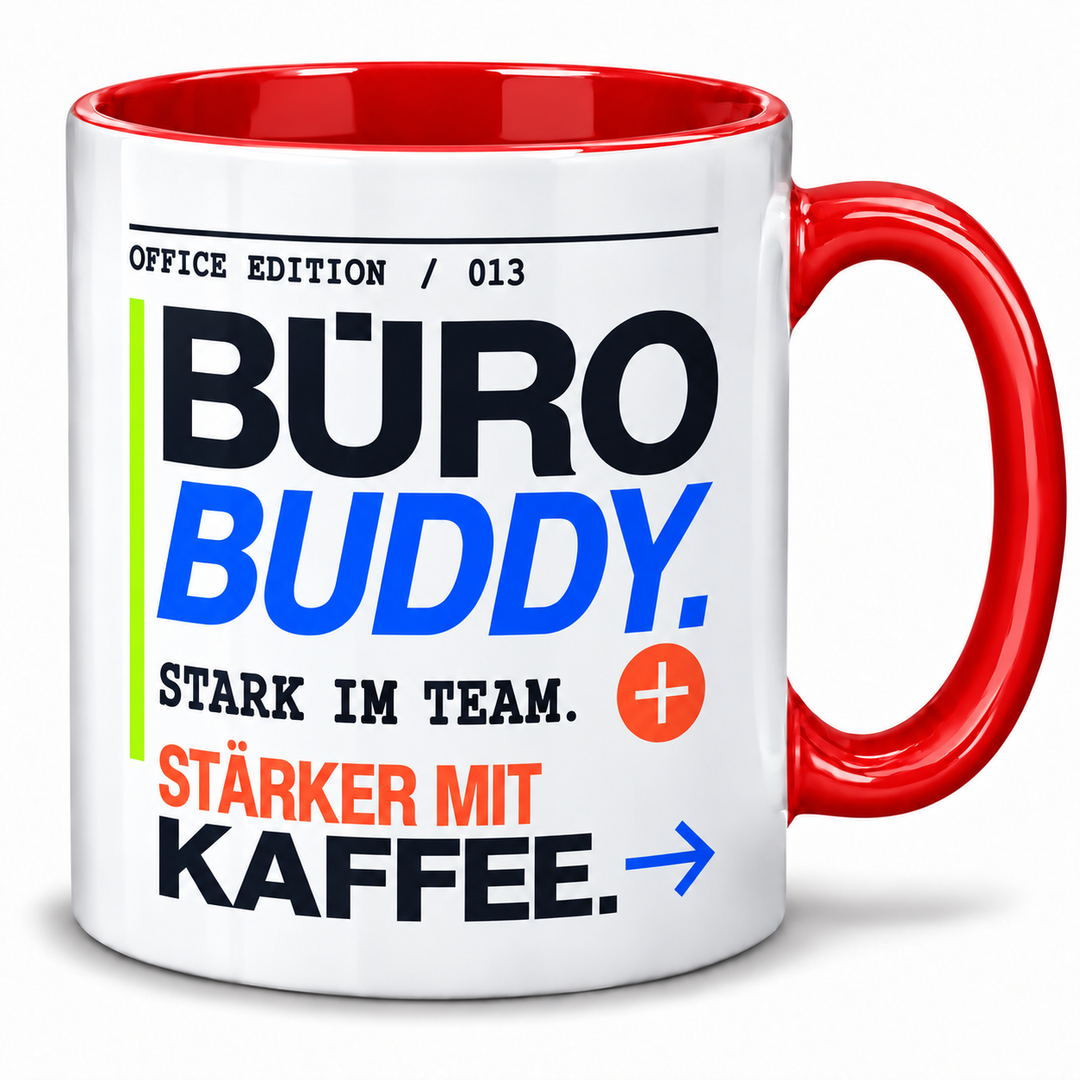 Büro-Buddy-Tasse mit rotem Henkel und Innenseite