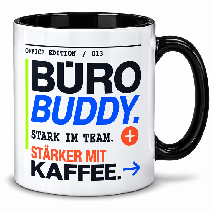 Büro-Buddy-Tasse mit schwarzem Henkel und Innenseite