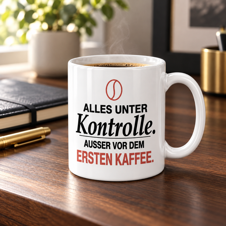 Kaffee-Tasse Alles unter Kontrolle am Schreibtisch
