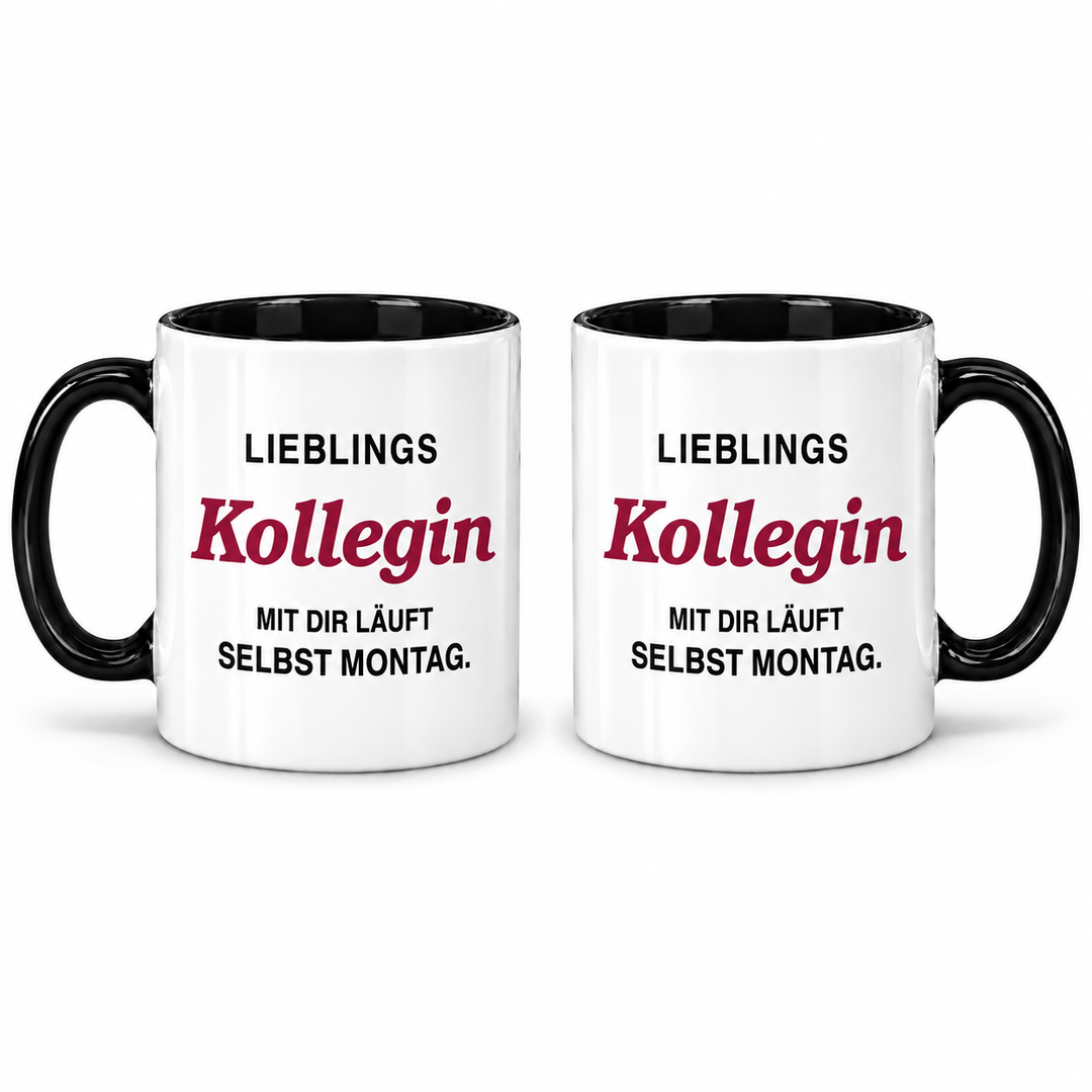 PEPAM Lieblingskollegin-Tasse – Mit dir läuft selbst Montag – Ansicht beider bedruckten Seiten; Lieferumfang eine Tasse