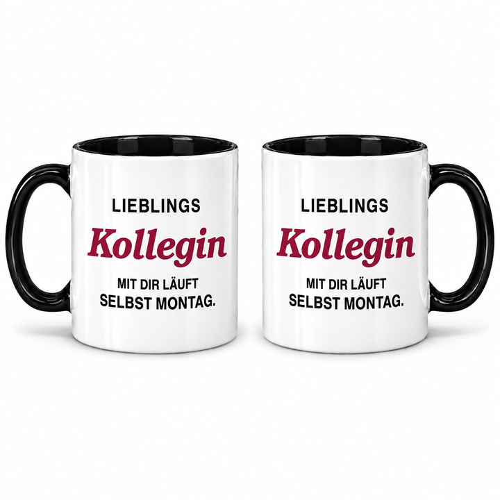 PEPAM Lieblingskollegin-Tasse – Mit dir läuft selbst Montag – Ansicht beider bedruckten Seiten; Lieferumfang eine Tasse