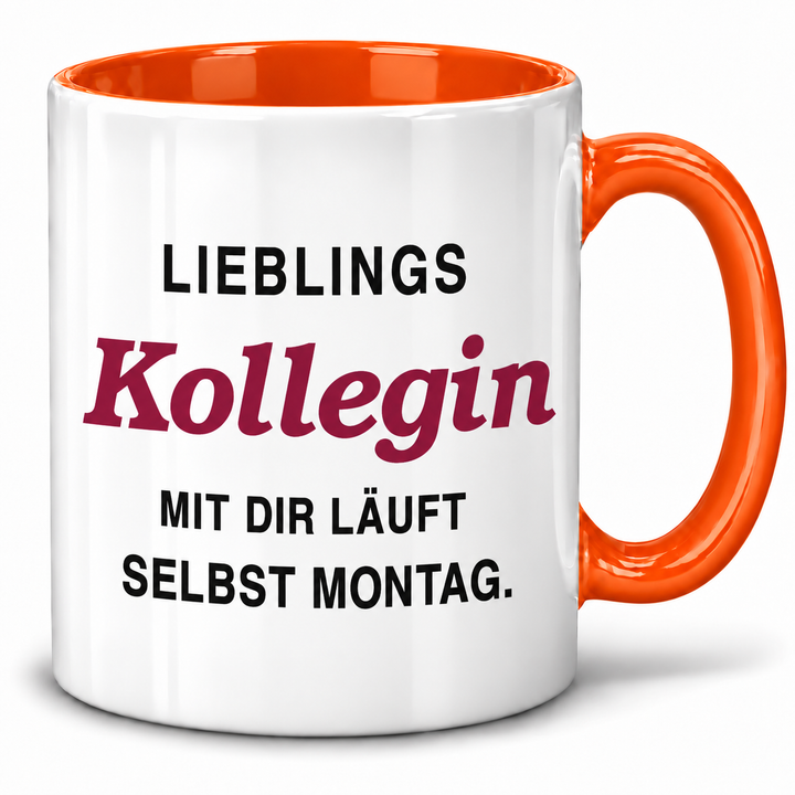 PEPAM Lieblingskollegin-Tasse – Mit dir läuft selbst Montag – orange