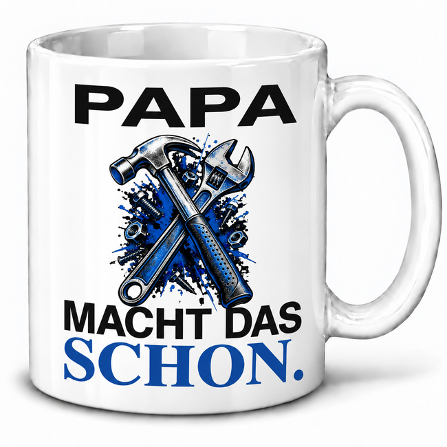 Papa-Tasse „Papa macht das schon“ – Werkzeugmotiv, 7 Farben
