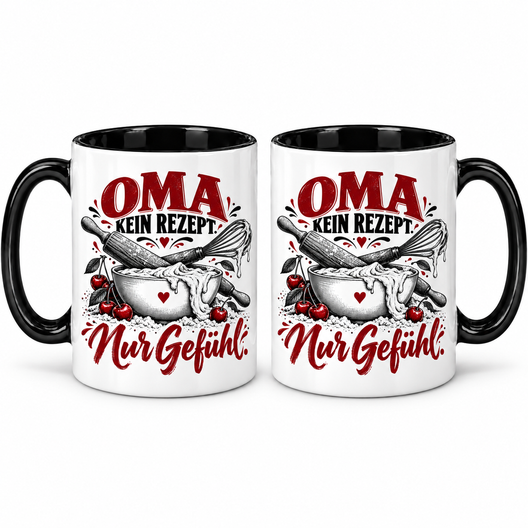 PEPAM Oma-Tasse „Kein Rezept. Nur Gefühl.“ – beide Seiten, Backmotiv in Schwarz und Bordeaux