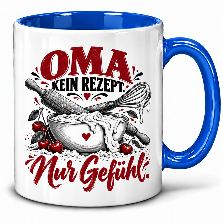 PEPAM Oma-Tasse „Kein Rezept. Nur Gefühl.“ – Blau, Backmotiv in Schwarz und Bordeaux