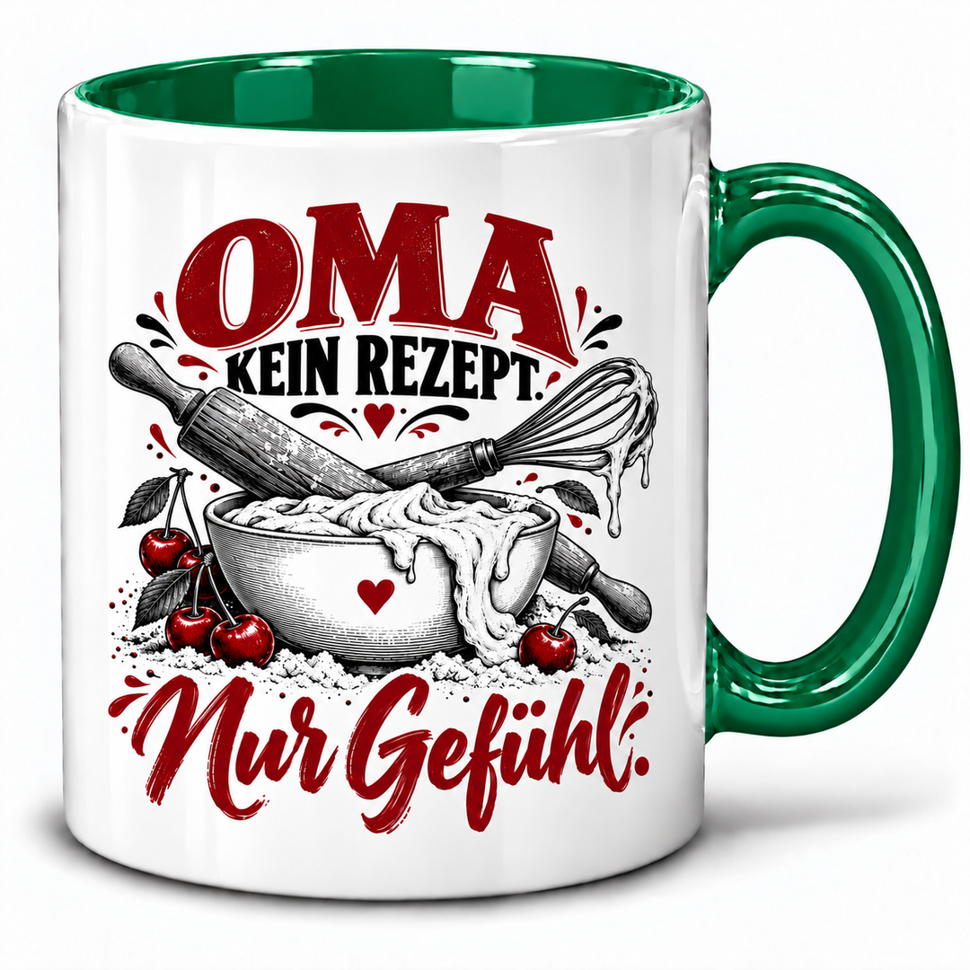 PEPAM Oma-Tasse „Kein Rezept. Nur Gefühl.“ – Grün, Backmotiv in Schwarz und Bordeaux