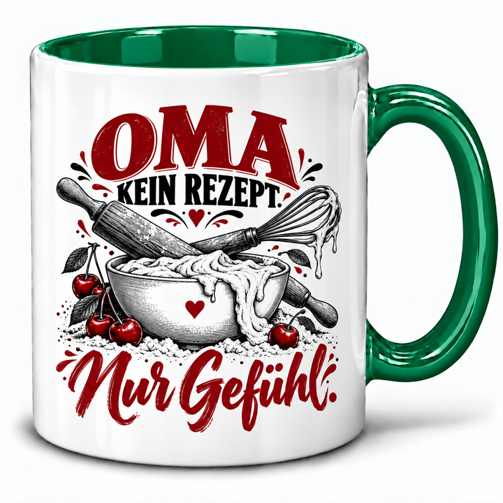 PEPAM Oma-Tasse „Kein Rezept. Nur Gefühl.“ – Grün, Backmotiv in Schwarz und Bordeaux