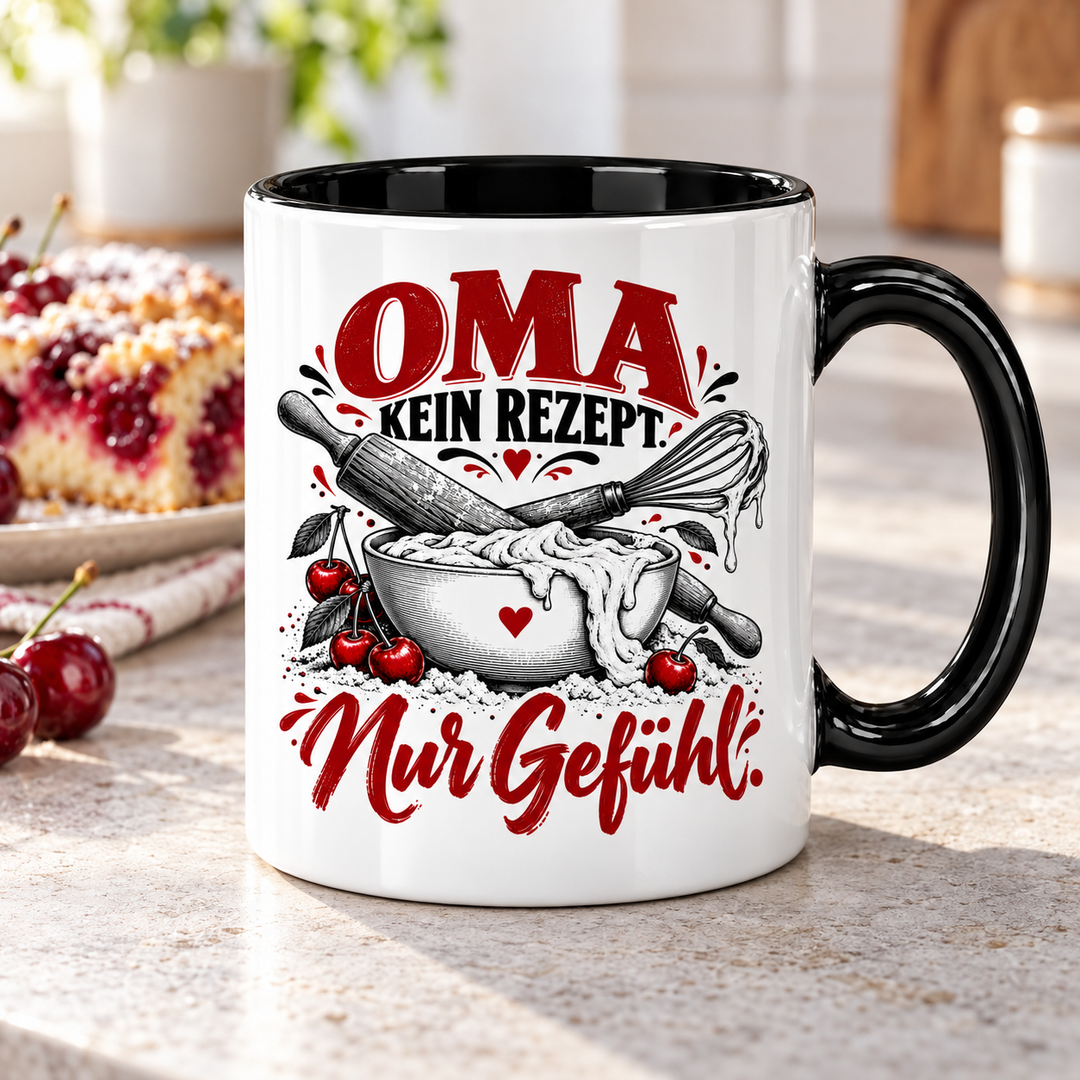 PEPAM Oma-Tasse „Kein Rezept. Nur Gefühl.“ – Küchenszene, Backmotiv in Schwarz und Bordeaux