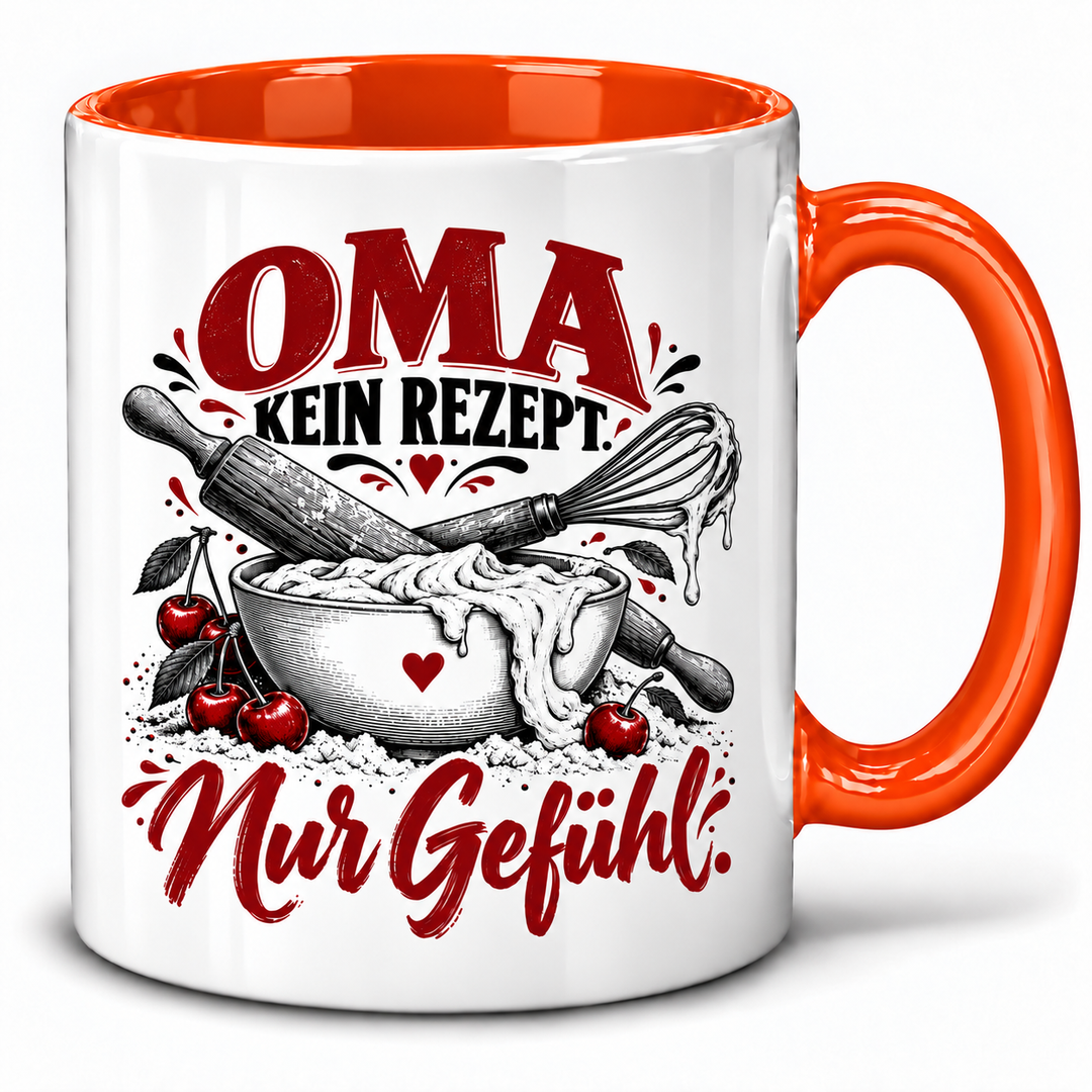 PEPAM Oma-Tasse „Kein Rezept. Nur Gefühl.“ – Orange, Backmotiv in Schwarz und Bordeaux