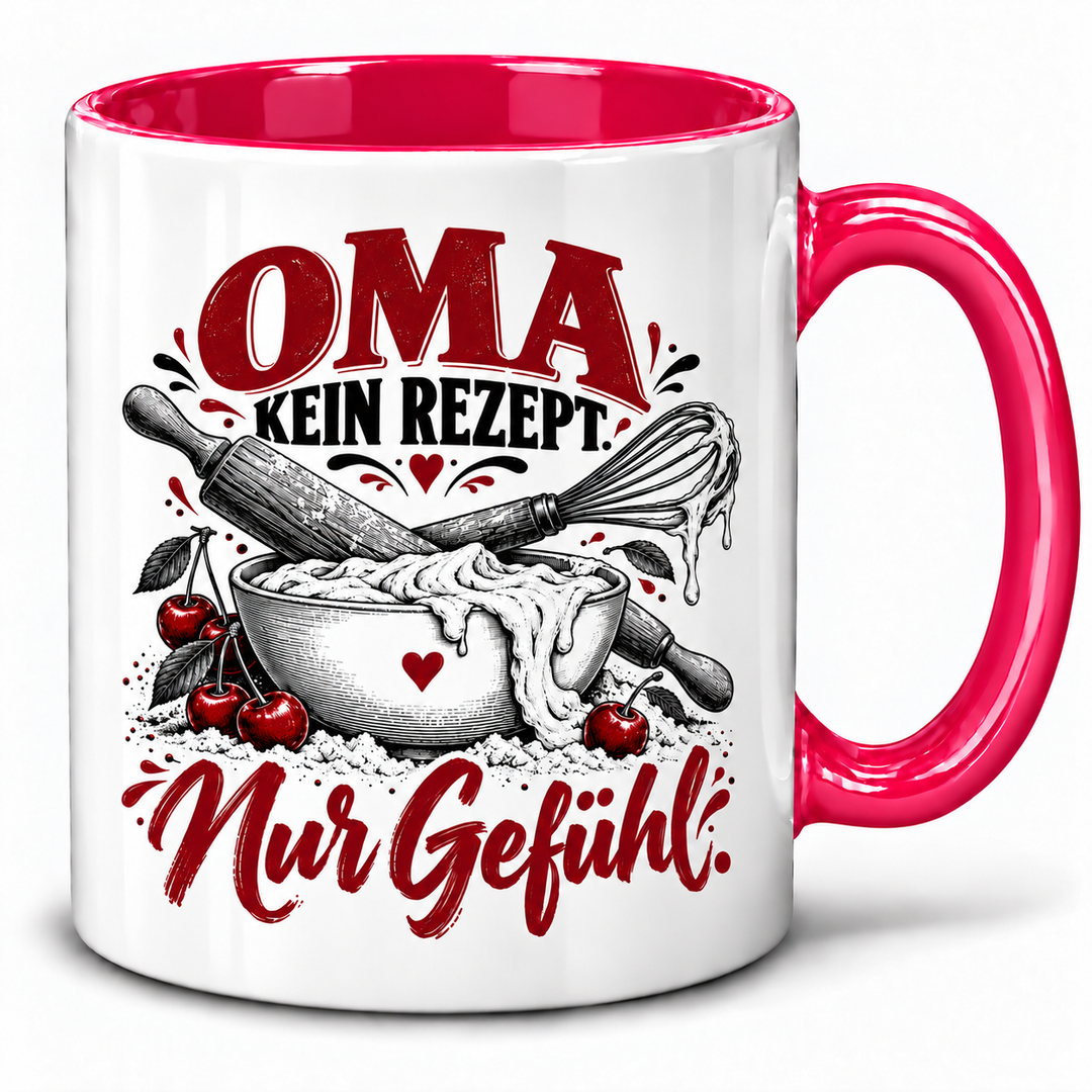 PEPAM Oma-Tasse „Kein Rezept. Nur Gefühl.“ – Rosa, Backmotiv in Schwarz und Bordeaux