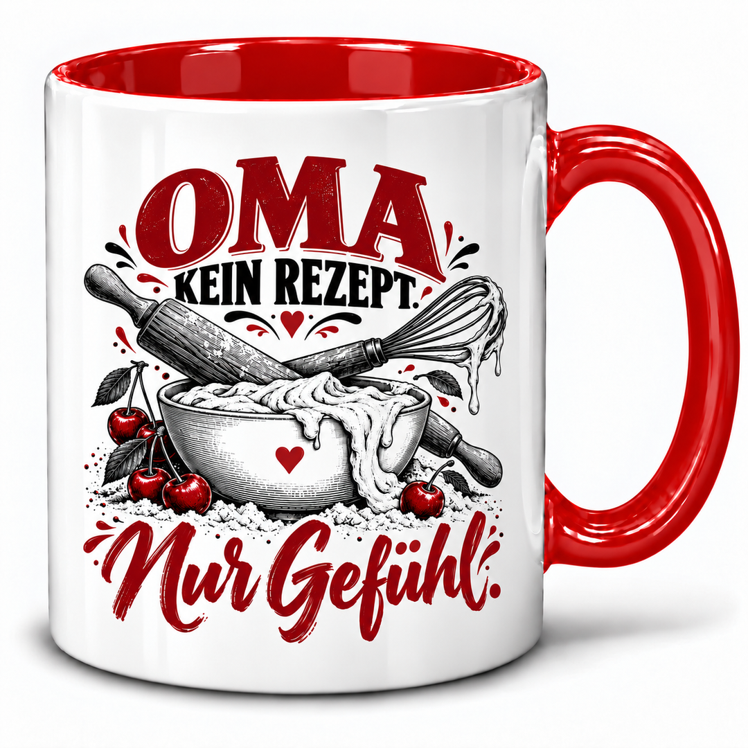 PEPAM Oma-Tasse „Kein Rezept. Nur Gefühl.“ – Rot, Backmotiv in Schwarz und Bordeaux