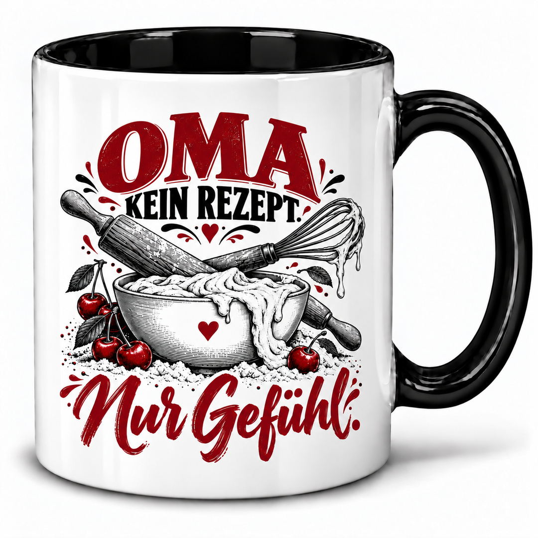 PEPAM Oma-Tasse „Kein Rezept. Nur Gefühl.“ – Schwarz, Backmotiv in Schwarz und Bordeaux