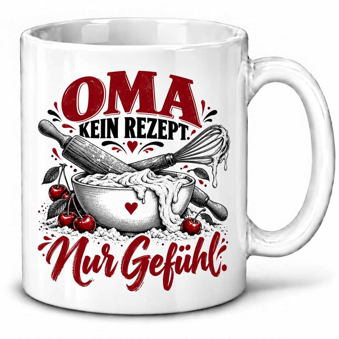 PEPAM Oma-Tasse „Kein Rezept. Nur Gefühl.“ – Weiß, Backmotiv in Schwarz und Bordeaux