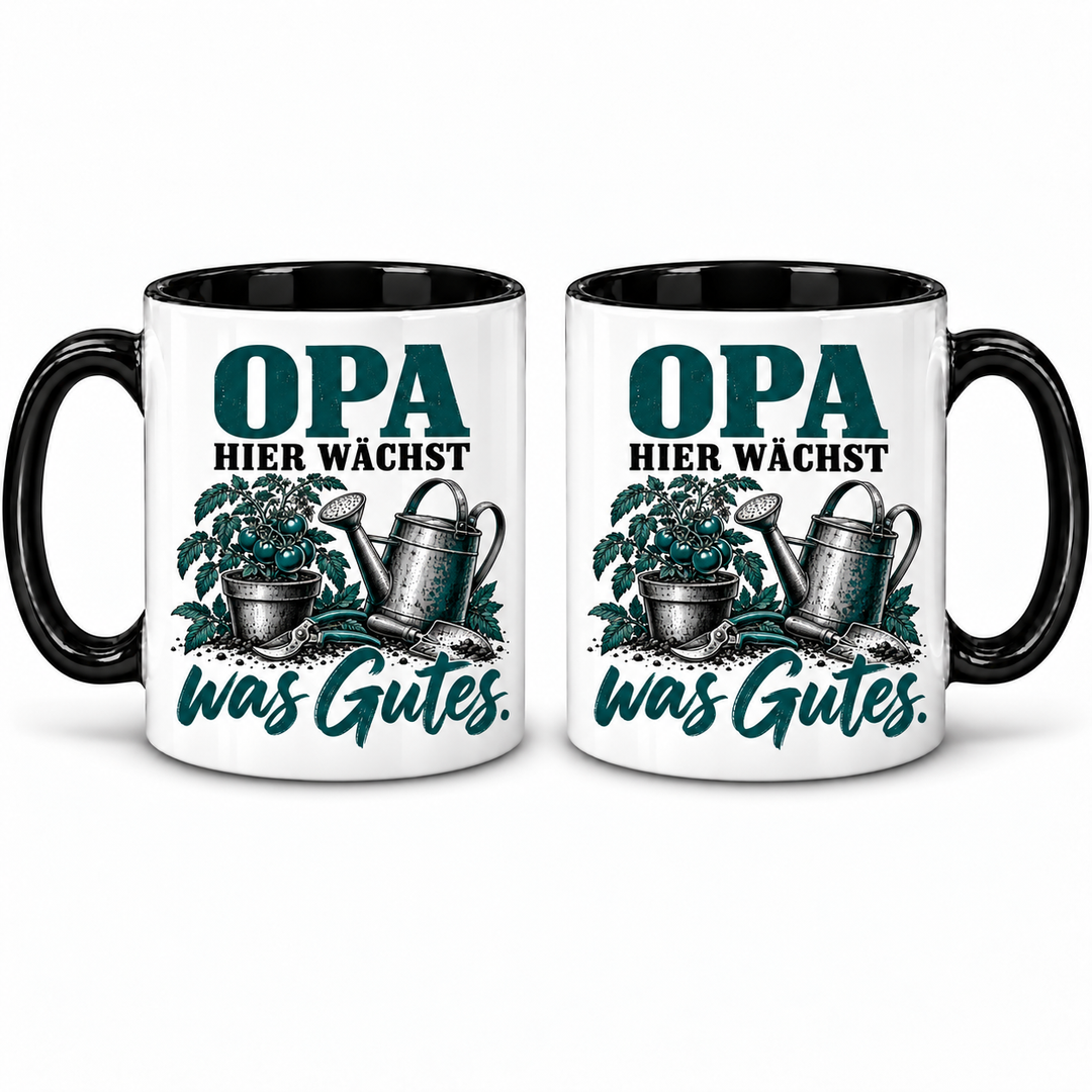 PEPAM Opa-Tasse „Hier wächst was Gutes.“ – Zwei Ansichten derselben Tasse, beidseitiges Motiv, Gartenmotiv in Schwarz und Petrol