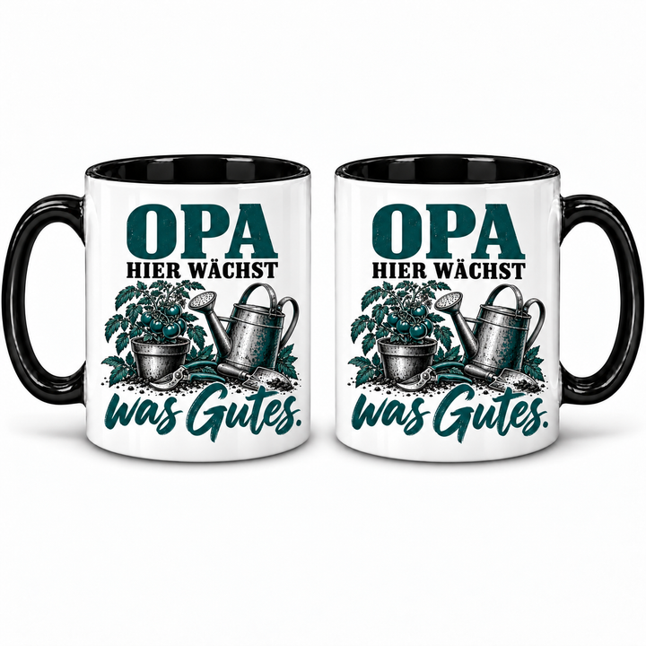 PEPAM Opa-Tasse „Hier wächst was Gutes.“ – Zwei Ansichten derselben Tasse, beidseitiges Motiv, Gartenmotiv in Schwarz und Petrol