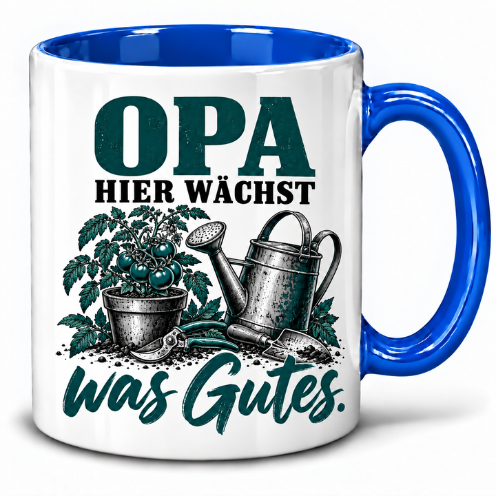 PEPAM Opa-Tasse „Hier wächst was Gutes.“ – Blau, Gartenmotiv in Schwarz und Petrol