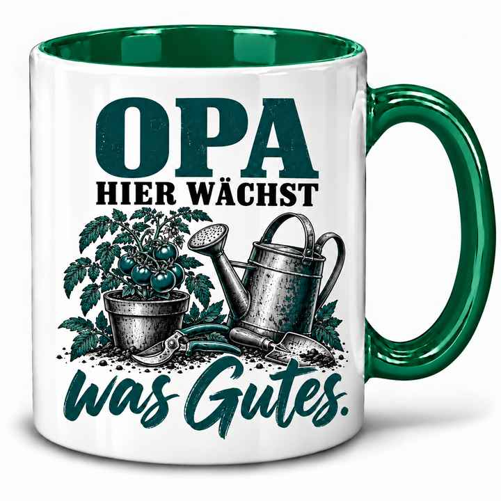 PEPAM Opa-Tasse „Hier wächst was Gutes.“ – Grün, Gartenmotiv in Schwarz und Petrol