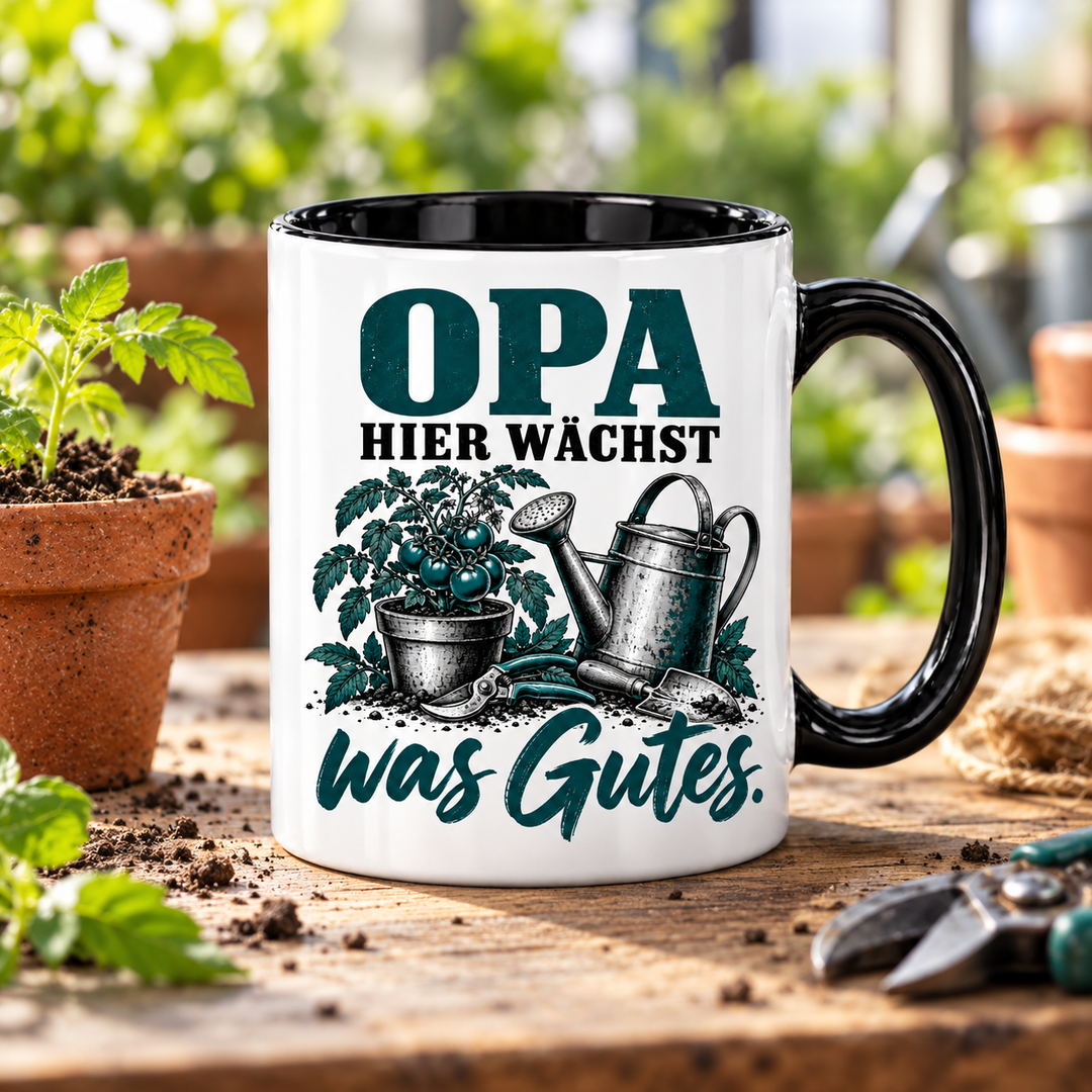 PEPAM Opa-Tasse „Hier wächst was Gutes.“ – Schwarz, Garten-Szene, Gartenmotiv in Schwarz und Petrol