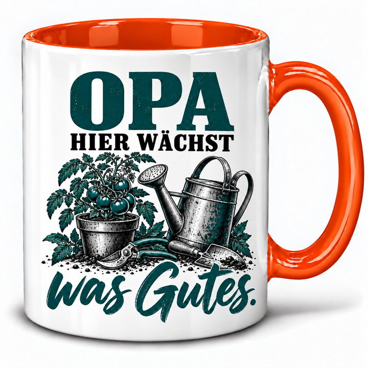 PEPAM Opa-Tasse „Hier wächst was Gutes.“ – Orange, Gartenmotiv in Schwarz und Petrol