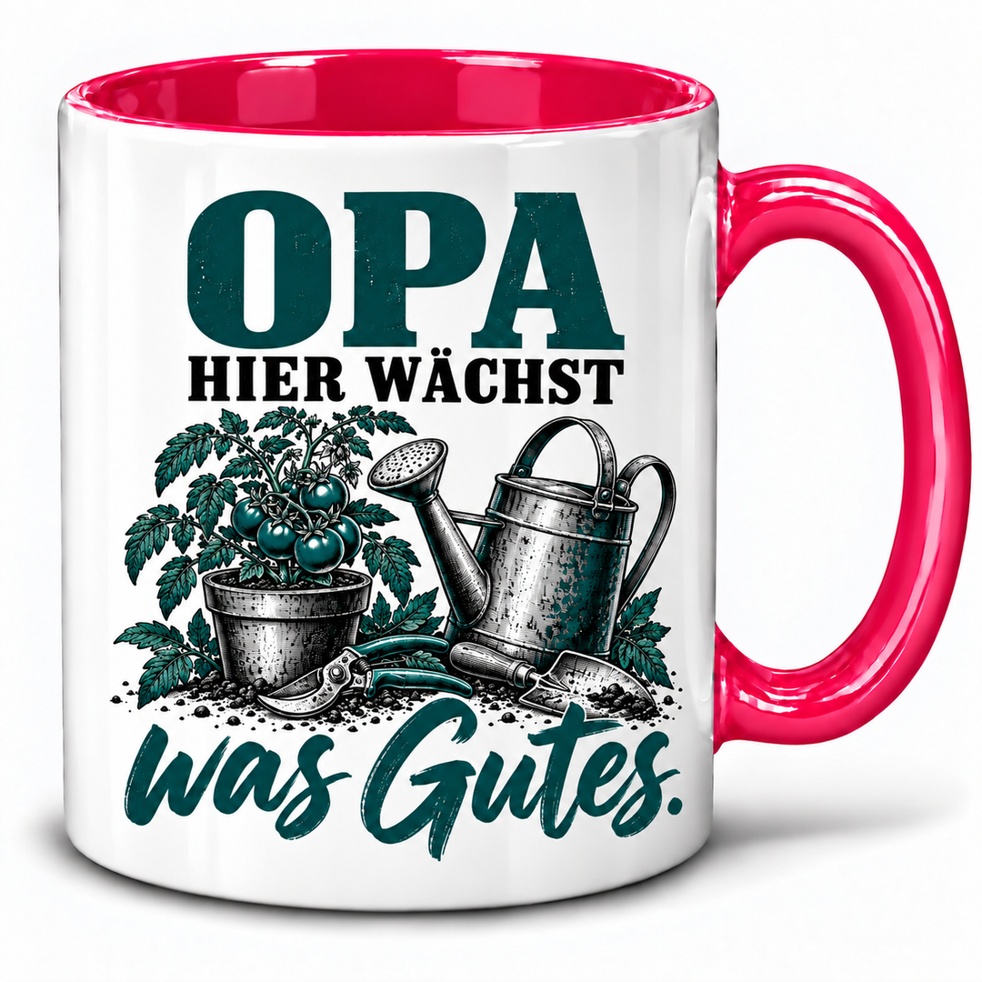 PEPAM Opa-Tasse „Hier wächst was Gutes.“ – Rosa, Gartenmotiv in Schwarz und Petrol