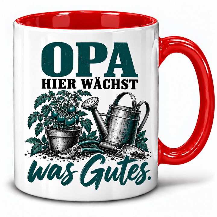PEPAM Opa-Tasse „Hier wächst was Gutes.“ – Rot, Gartenmotiv in Schwarz und Petrol