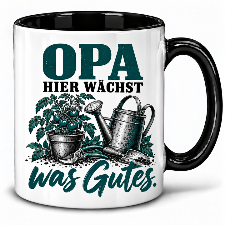 PEPAM Opa-Tasse „Hier wächst was Gutes.“ – Schwarz, Gartenmotiv in Schwarz und Petrol