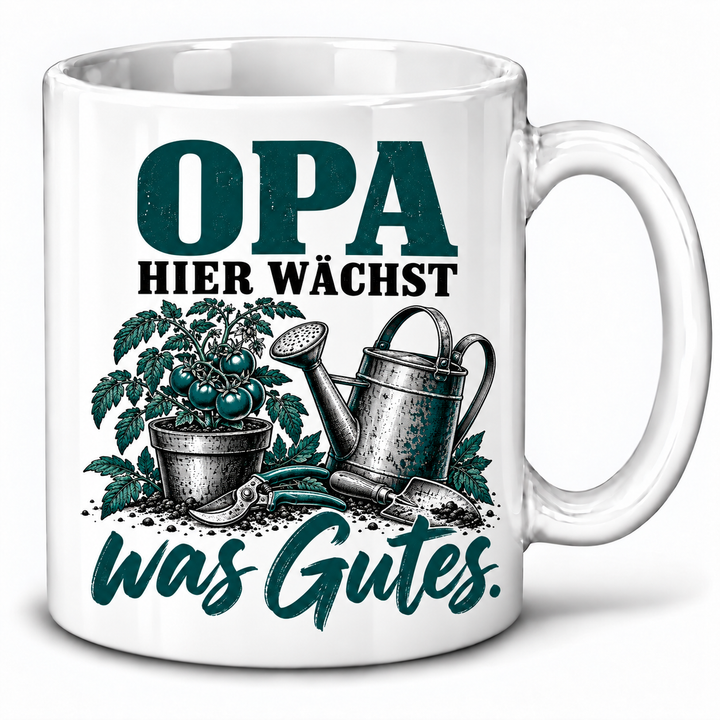 PEPAM Opa-Tasse „Hier wächst was Gutes.“ – Weiß, Gartenmotiv in Schwarz und Petrol