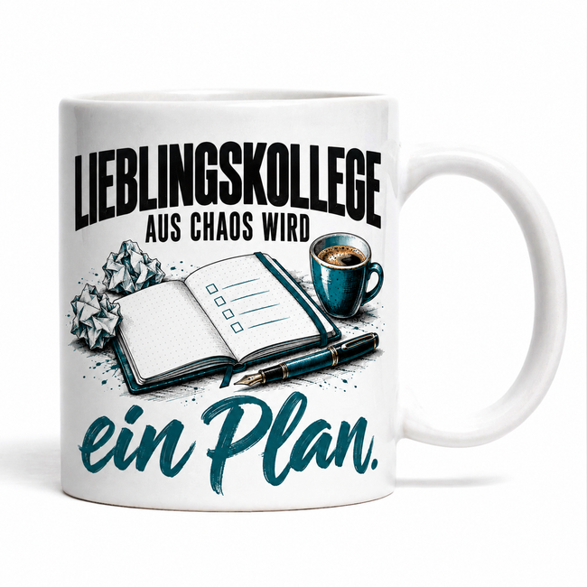Lieblingskollege-Tasse „Aus Chaos wird ein Plan“ – Büromotiv, 7 Farben