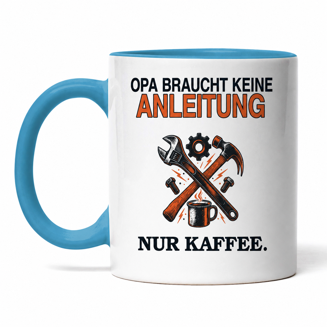 Opa-Tasse „Braucht keine Anleitung. Nur Kaffee.“ – Blau