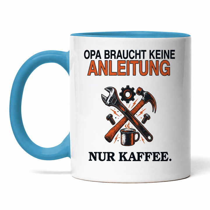 Opa-Tasse „Braucht keine Anleitung. Nur Kaffee.“ – Blau