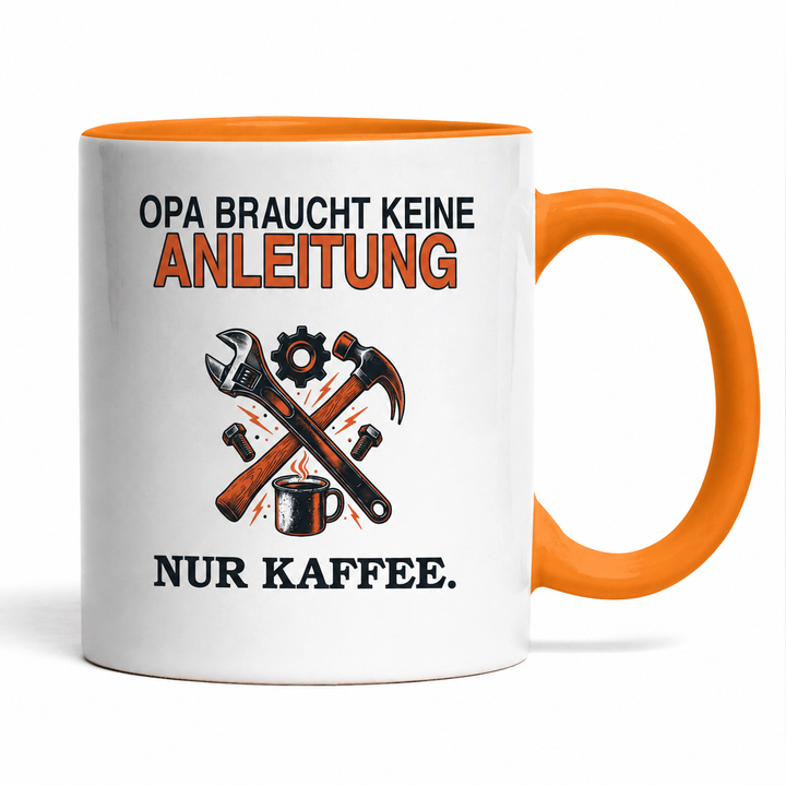 Opa-Tasse „Braucht keine Anleitung. Nur Kaffee.“ – Orange