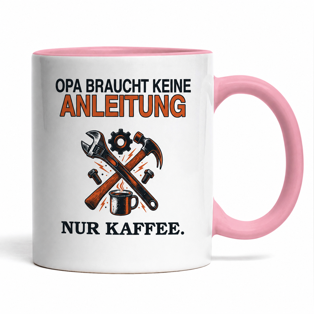Opa-Tasse „Braucht keine Anleitung. Nur Kaffee.“ – Rosa