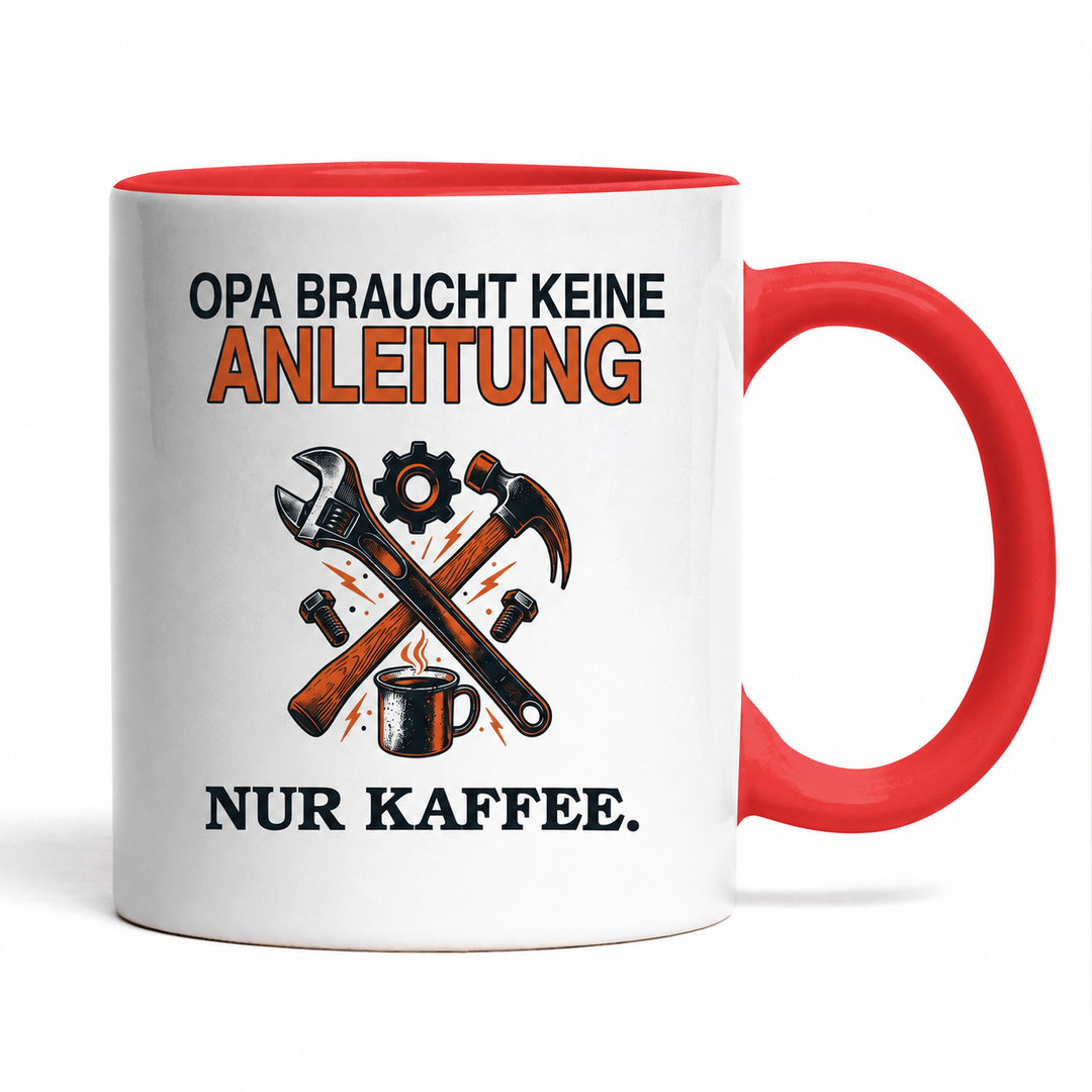 Opa-Tasse „Braucht keine Anleitung. Nur Kaffee.“ – Rot