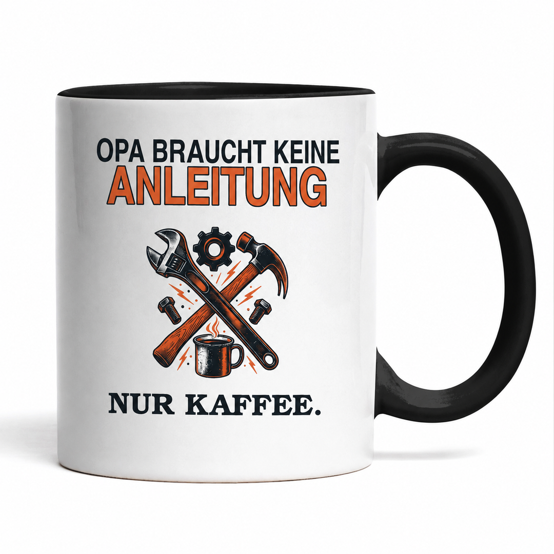 Opa-Tasse „Braucht keine Anleitung. Nur Kaffee.“ – Schwarz