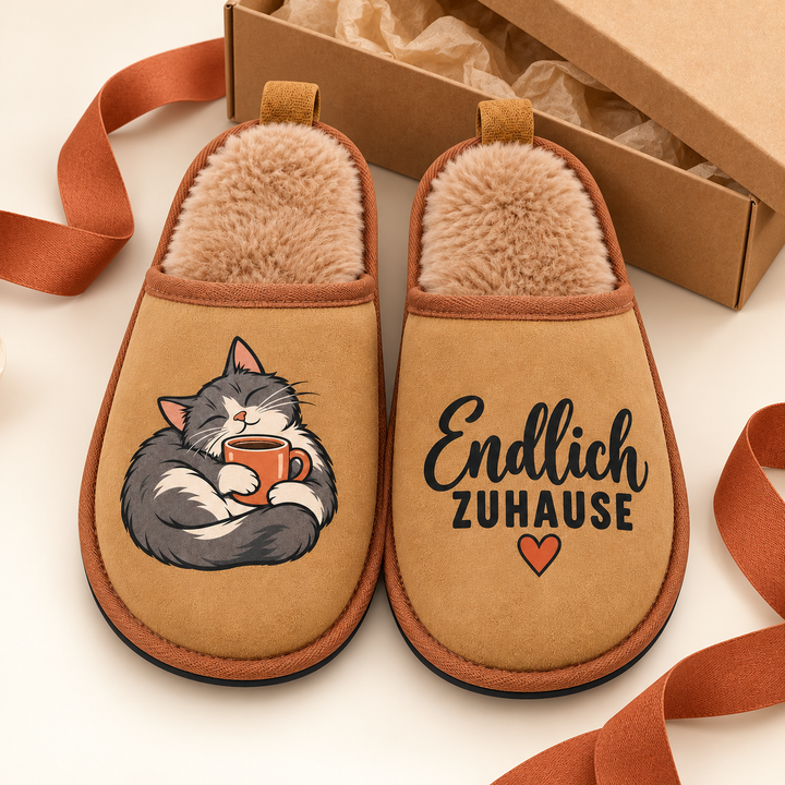 Geschenkidee für Katzenfans: Hausschuhe Endlich Zuhause