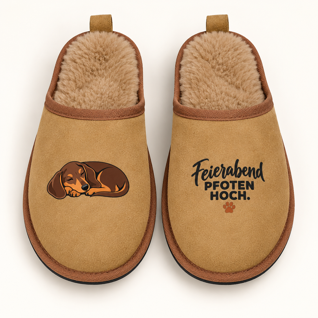 Braune Hausschuhe mit kleinem Dackelmotiv und Feierabend Pfoten hoch Schriftzug