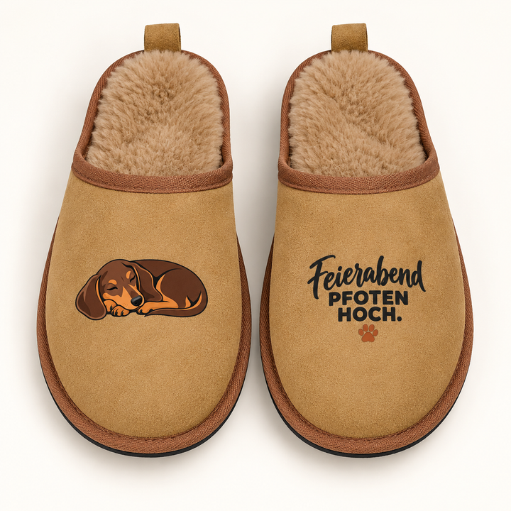 Braune Hausschuhe mit kleinem Dackelmotiv und Feierabend Pfoten hoch Schriftzug