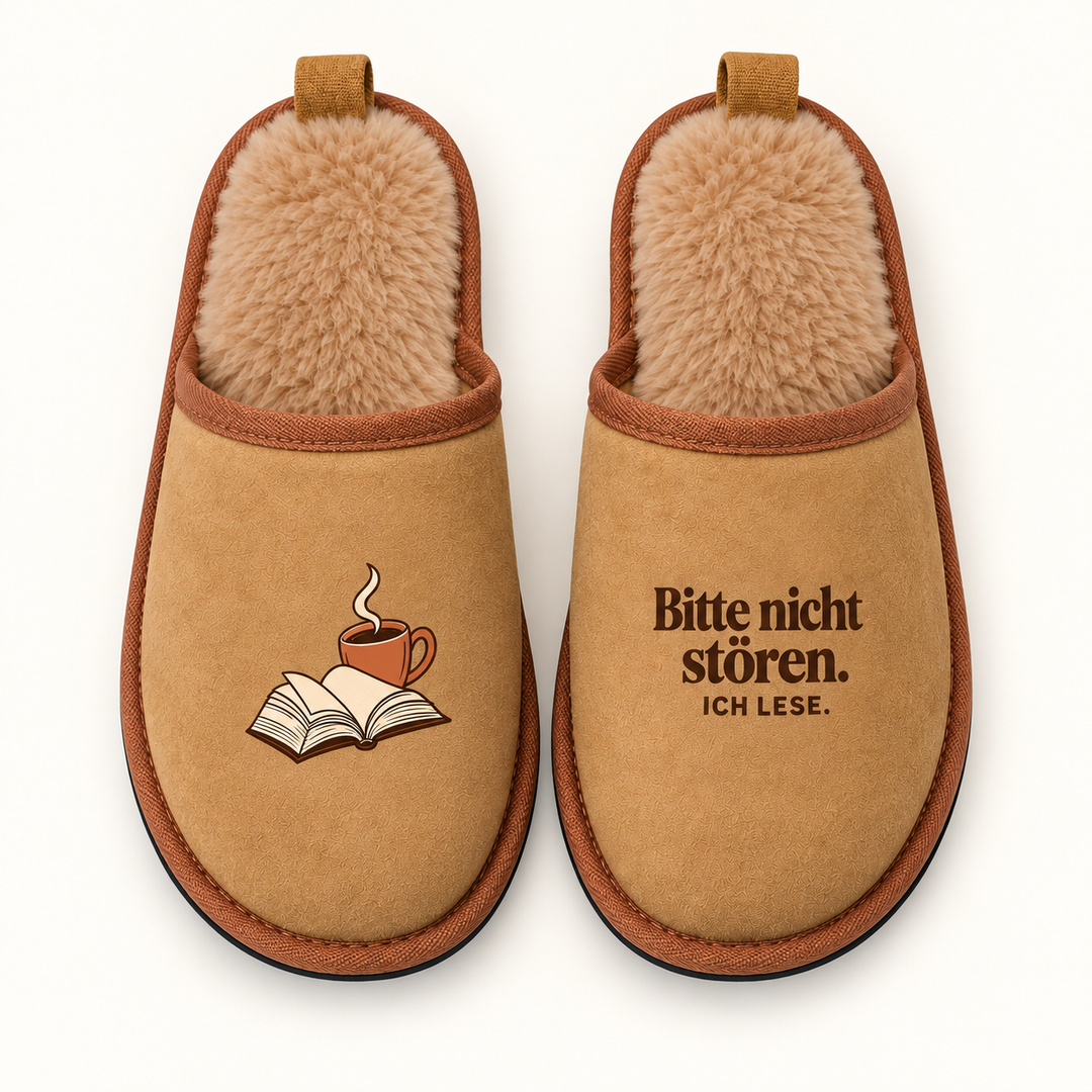 Hausschuhe mit Buch und Tasse in der Draufsicht