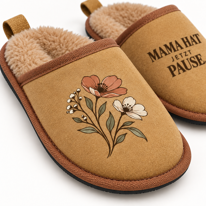 Detail des botanischen Motivs, der braunen Einfassung und des Kunstfellfutters