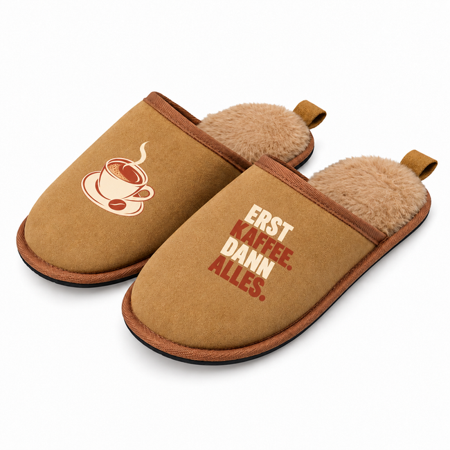 Hausschuhe „Erst Kaffee. Dann alles.“ – Geschenk für Kaffeefans