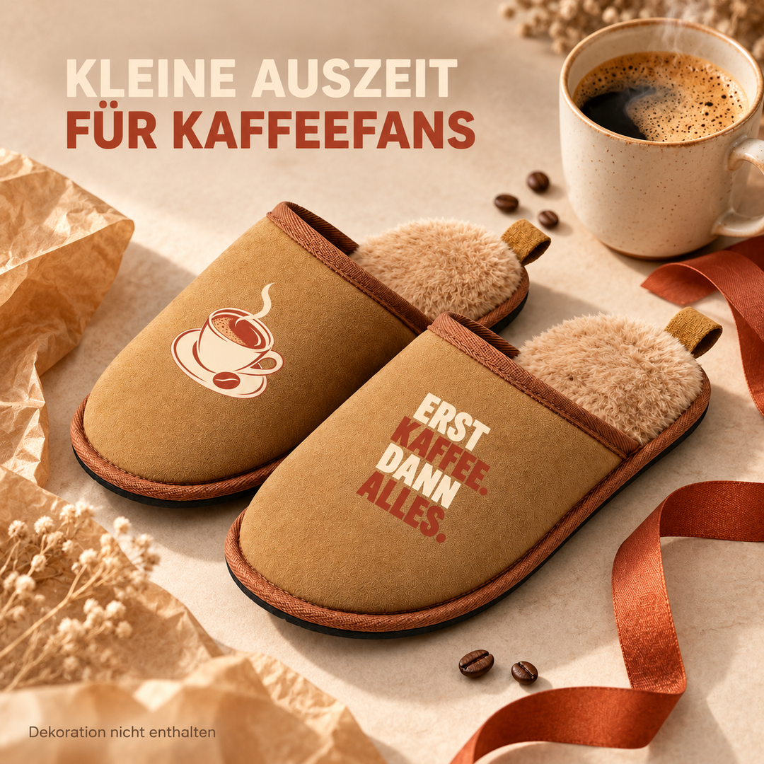 Hausschuhe als Geschenkidee für Kaffeefans – Dekoration nicht enthalten