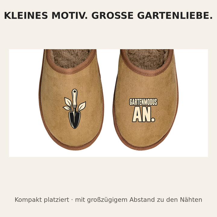 Kompaktes Gartenmodus an Motiv auf braunen Hausschuhen