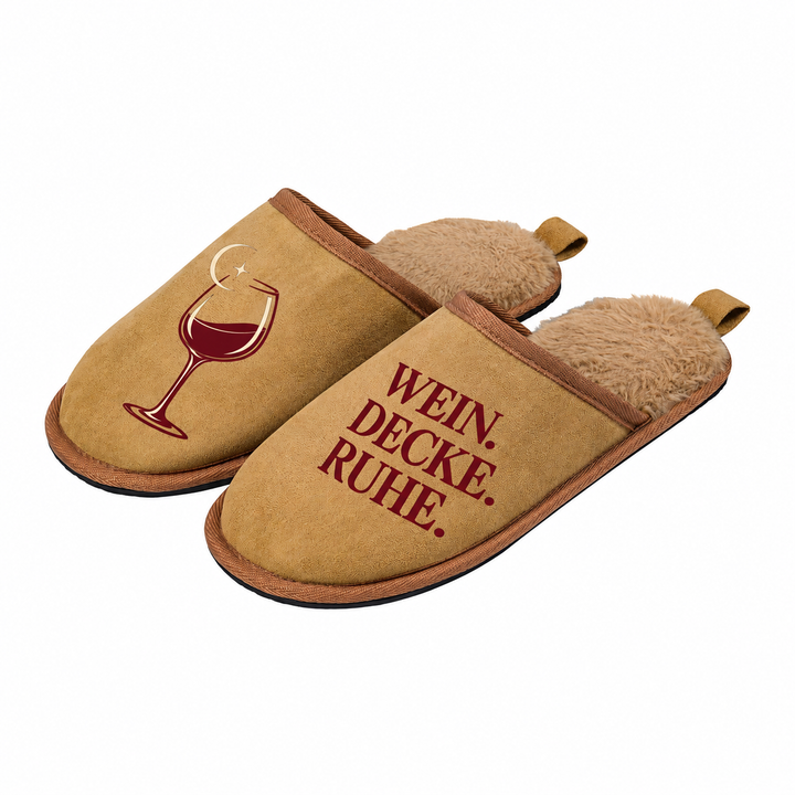 Braune Hausschuhe mit Weinmotiv – Seitenansicht